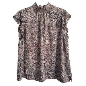 Vince Camuto Smocked Neck Animal Print Flutter Sleeve Blouse Size Large